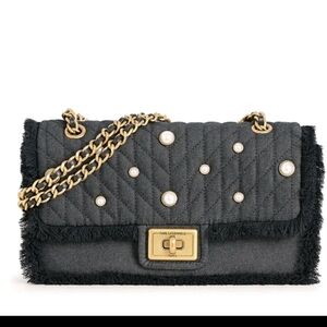 328$ Karl Lagerfeld Black Pearl Embellished Fringed Trims Gold Chai Shoulder Bag